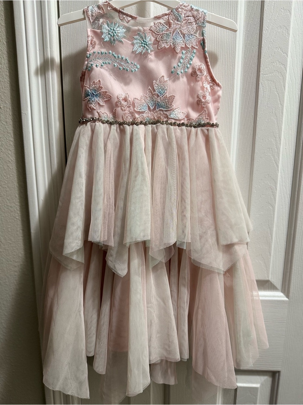 Girls Blush Pink Embroidered Tulle Party Dress